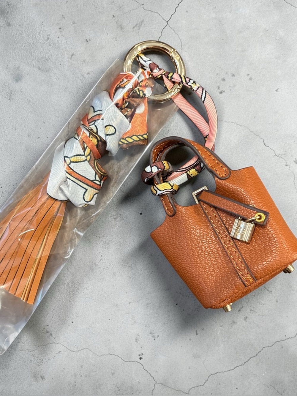 Mini Handbag Keychain Charm with Twilly Scarf & Tassel – Brown